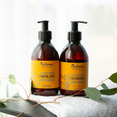 Nurme Body Care: Sea Buckthorn Vitamin Care Body Lotion with Pro Vitamin B5 & Orange Essential Oil, paired with Spicy Orange Energising Body Wash enriched with Wheat Protein.