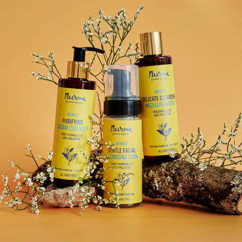 Nurme Neroli Cleansing Range: Purifying Cream Cleanser, Gentle Facial Cleansing Foam, and Delicate Cleansing Micellar Water. Packed with fruit vitamins A+C and hyaluronic acid for anti-pollution benefits, suitable for all skin types.