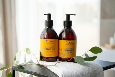 Nurme Body Care: Sea Buckthorn Vitamin Care Body Lotion with Pro Vitamin B5 & Orange Essential Oil, paired with Spicy Orange Energising Body Wash enriched with Wheat Protein.